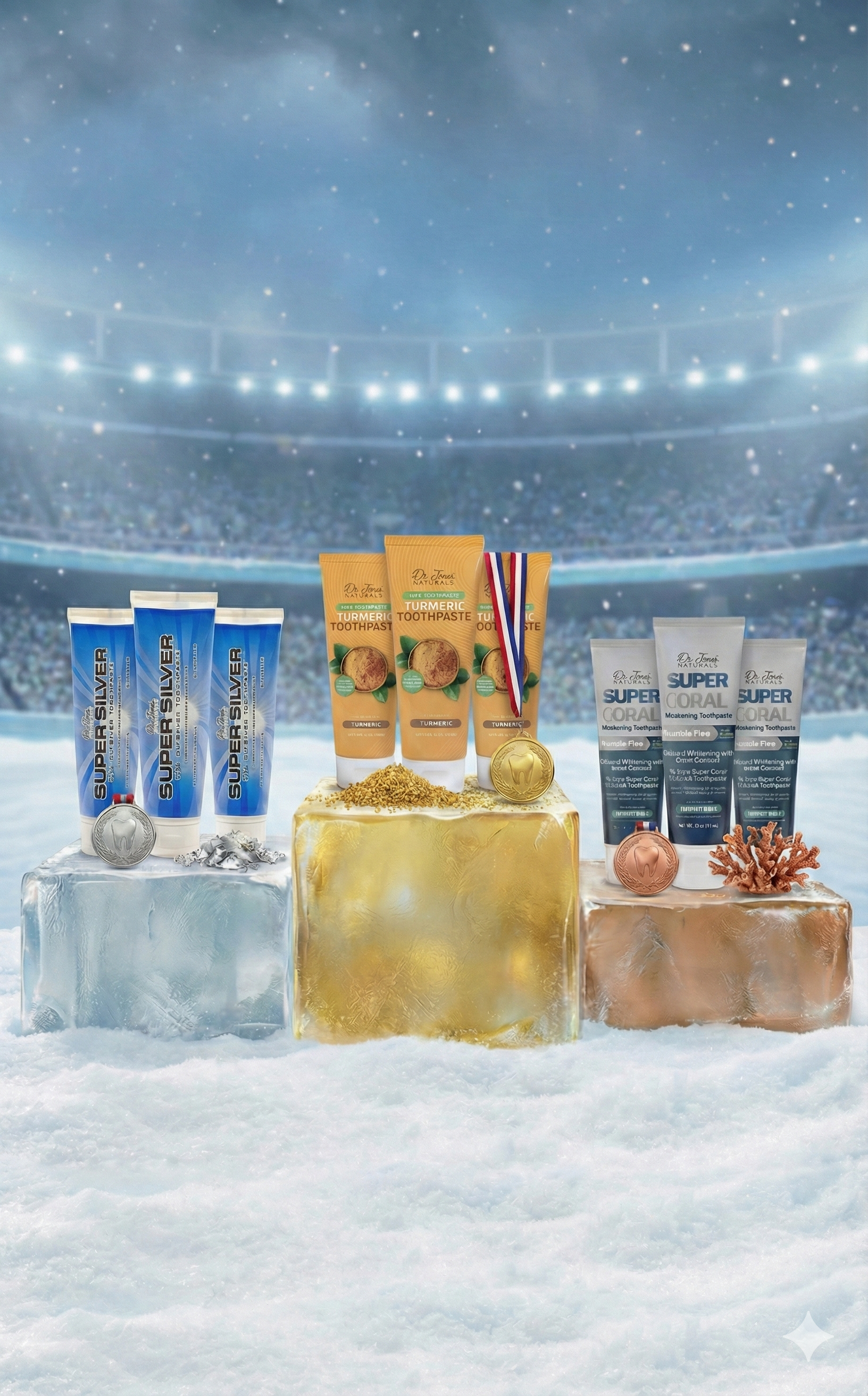 Cosmetic products on a snowy platform with a stadium background