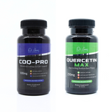 Two supplement bottles labeled 'COQ-Pro' and 'Quercetin Max' on a white background