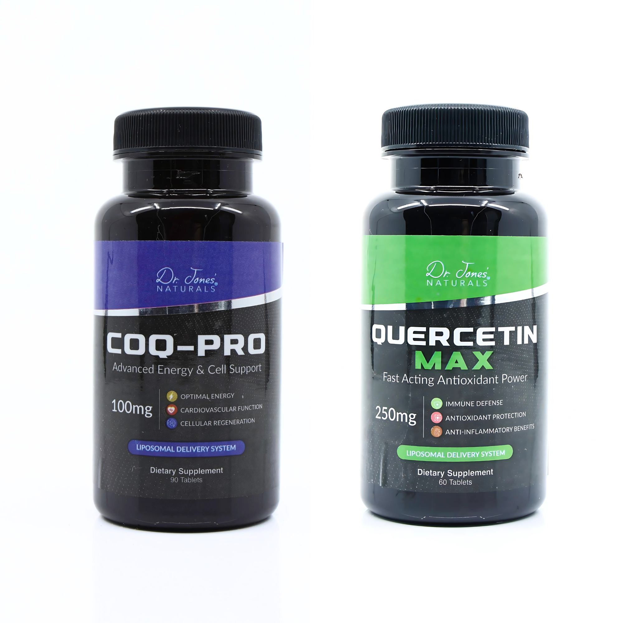 Two supplement bottles labeled 'COQ-Pro' and 'Quercetin Max' on a white background