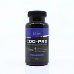 Supplement bottle labeled 'COQ-PRO' with a black and blue design on a white background