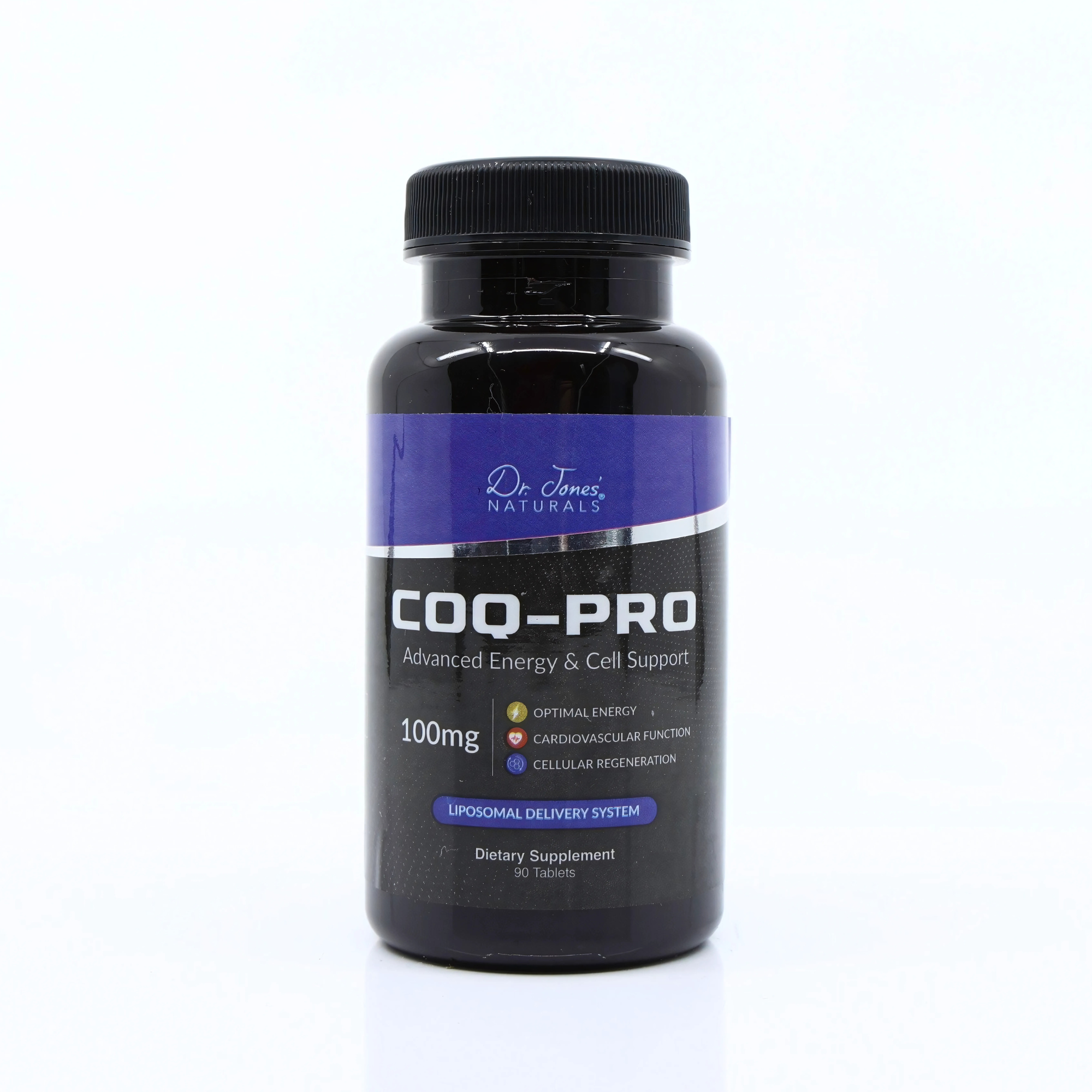 Supplement bottle labeled 'COQ-PRO' with a black and blue design on a white background