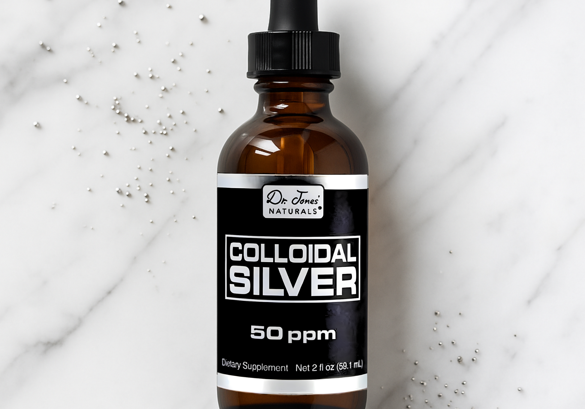 Bottle of colloidal silver on a marble surface