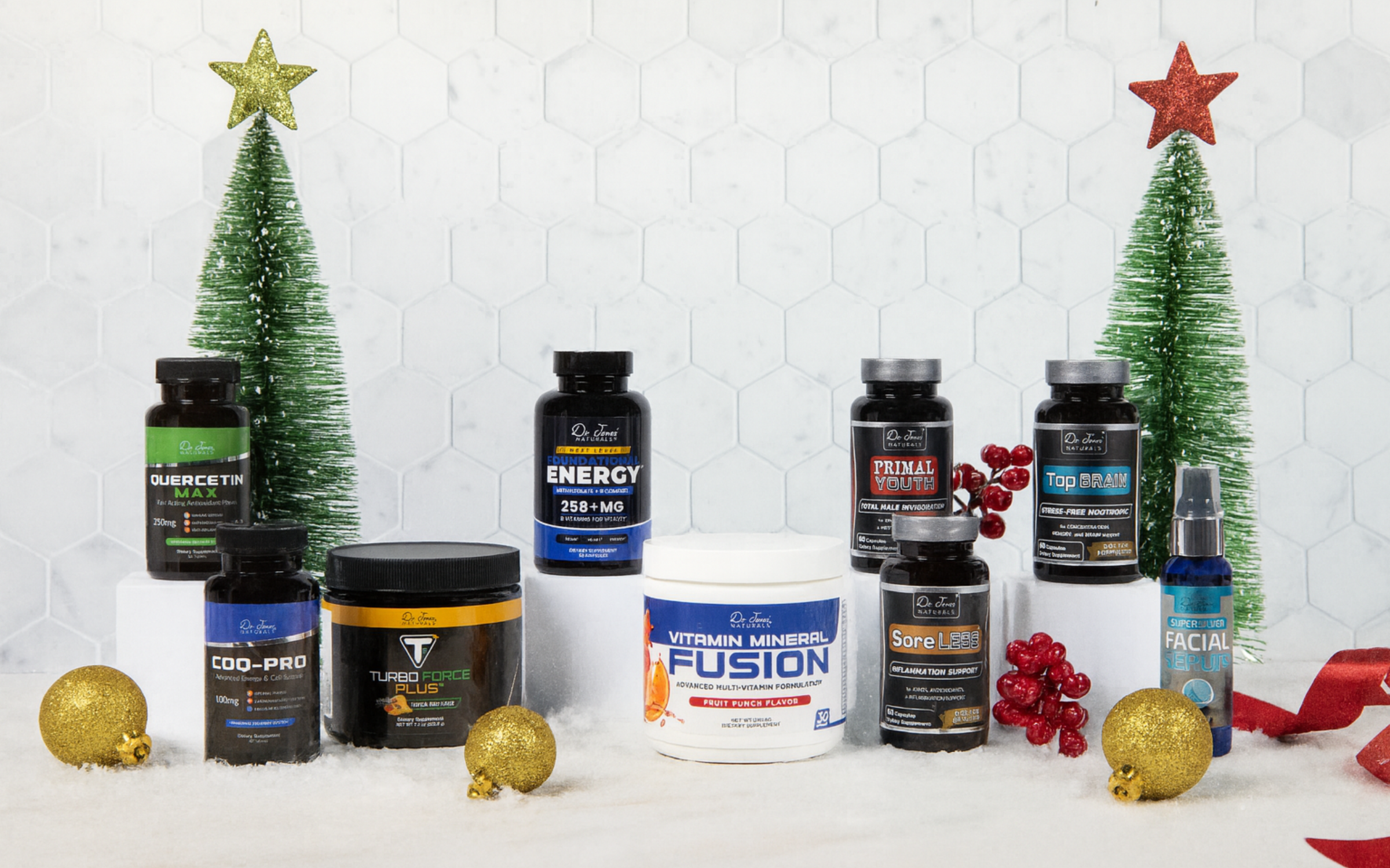 Supplement products on a white surface with Christmas decorations