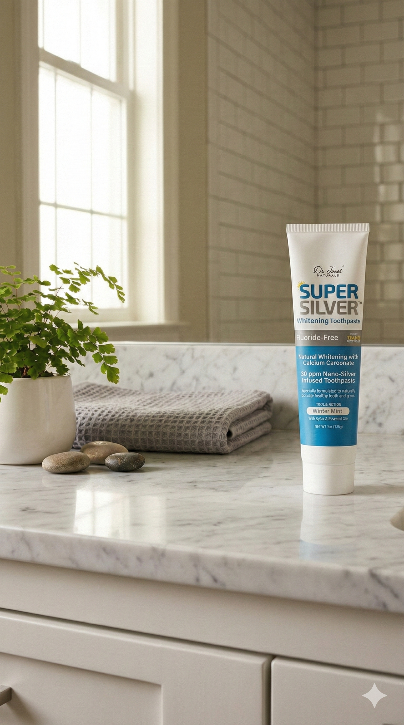 Tube of Super Silver on a bathroom counter with a window and towels in the background