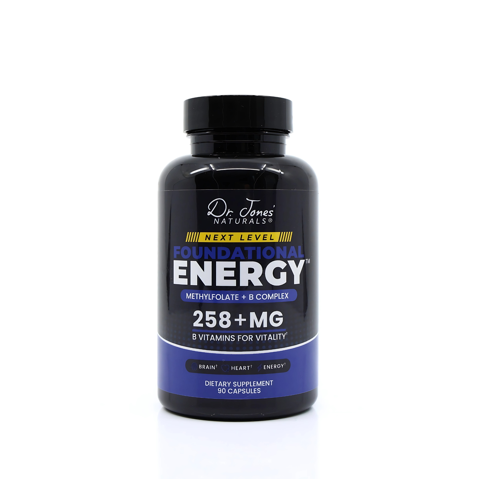 Supplement bottle labeled 'Dr. Jones Naturals Foundational Energy' on a white background