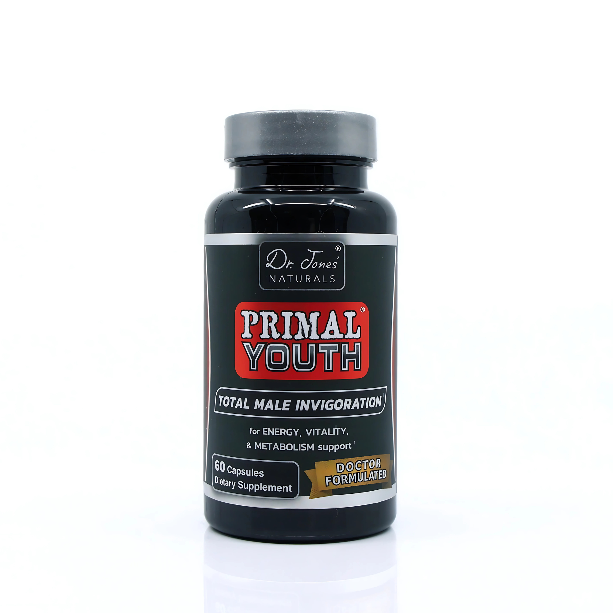Supplement bottle labeled 'Primal Youth' by Dr. Jones Naturals on a white background