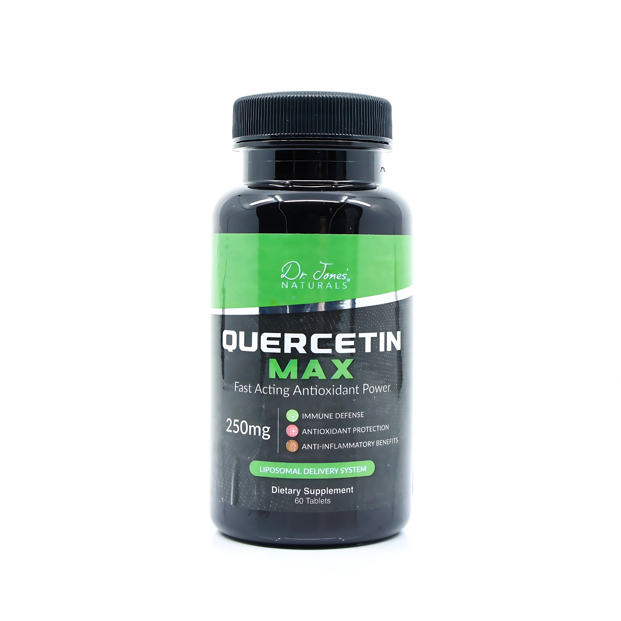 Quercetin Max - A black bottle with a green label displaying 'Quercetin MAX' and '250mg' indicating the dosage of the supplement inside.