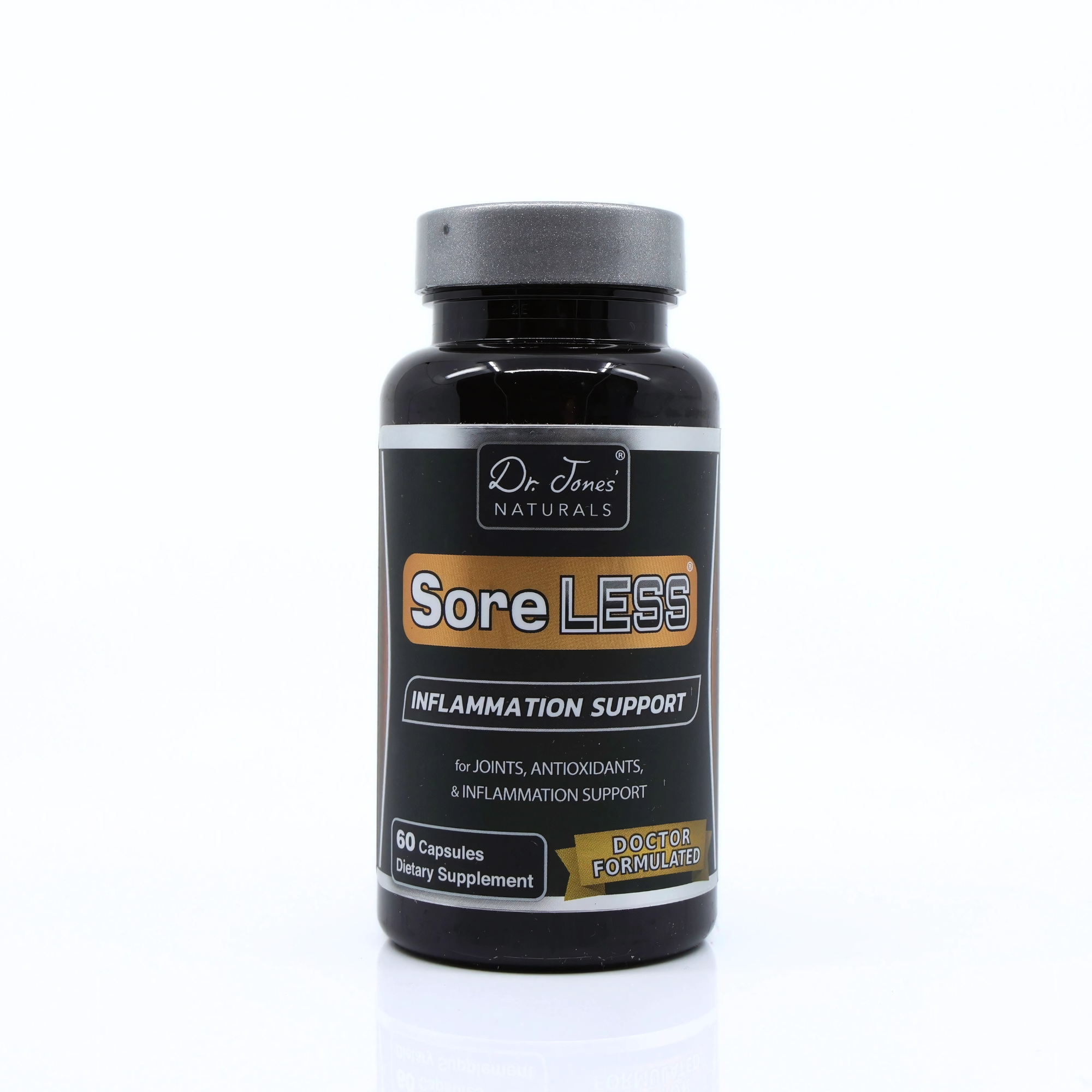 Supplement bottle labeled 'SoreLESS' with 'Dr. Jones Naturals' on a white background