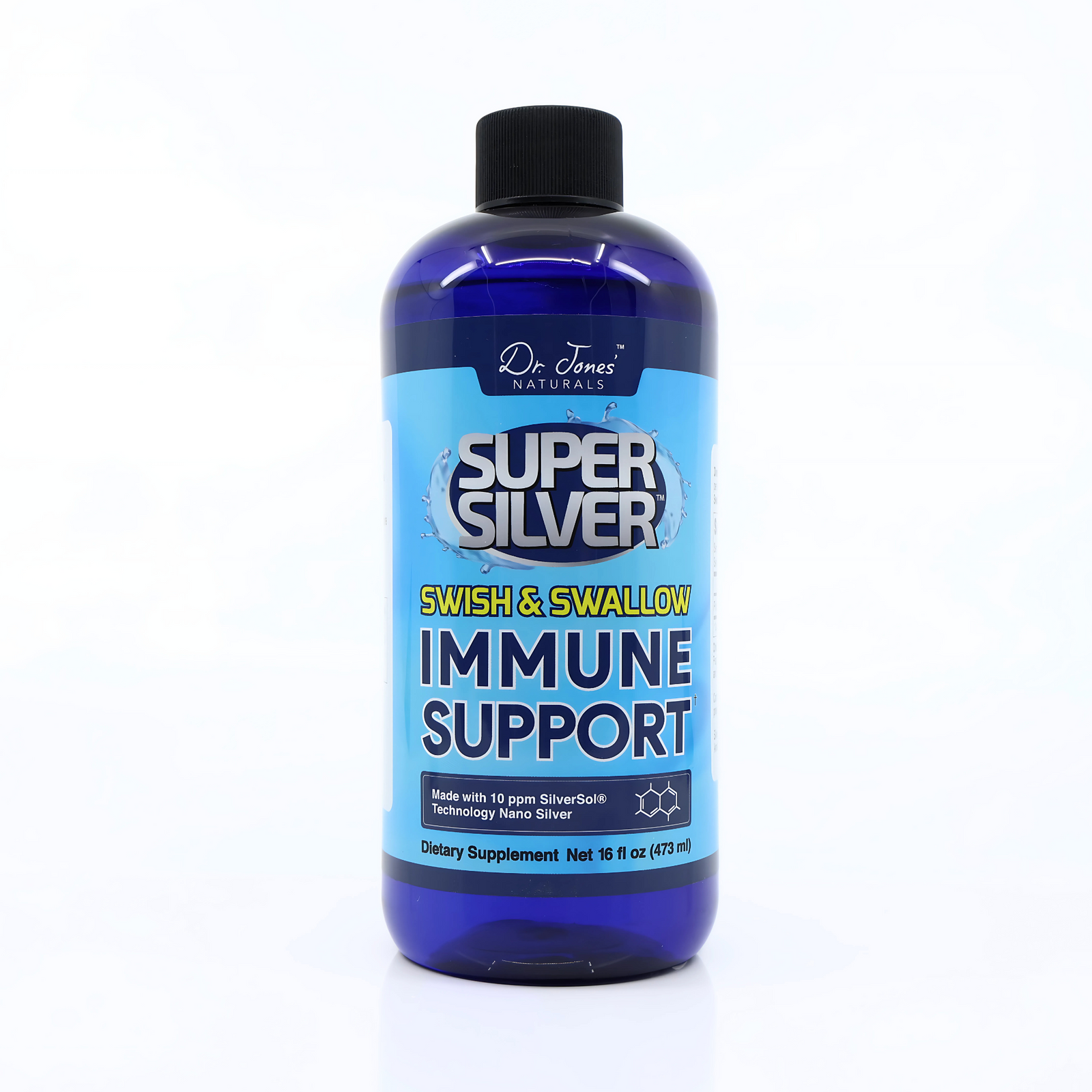 Bottle of Dr. Jones Naturals Super Silver Immune Support on a white background