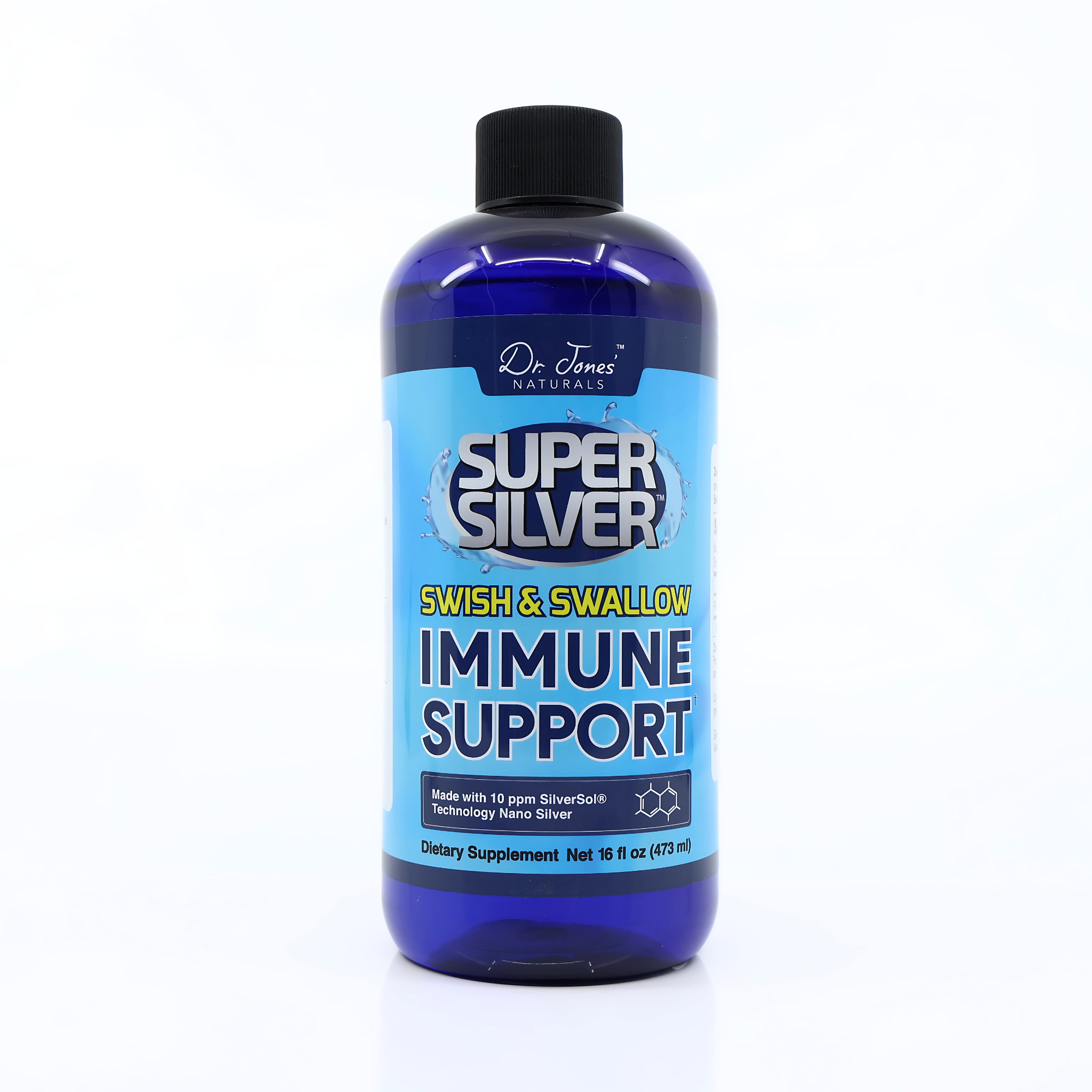 Bottle of Dr. Jones Naturals Super Silver Immune Support on a white background