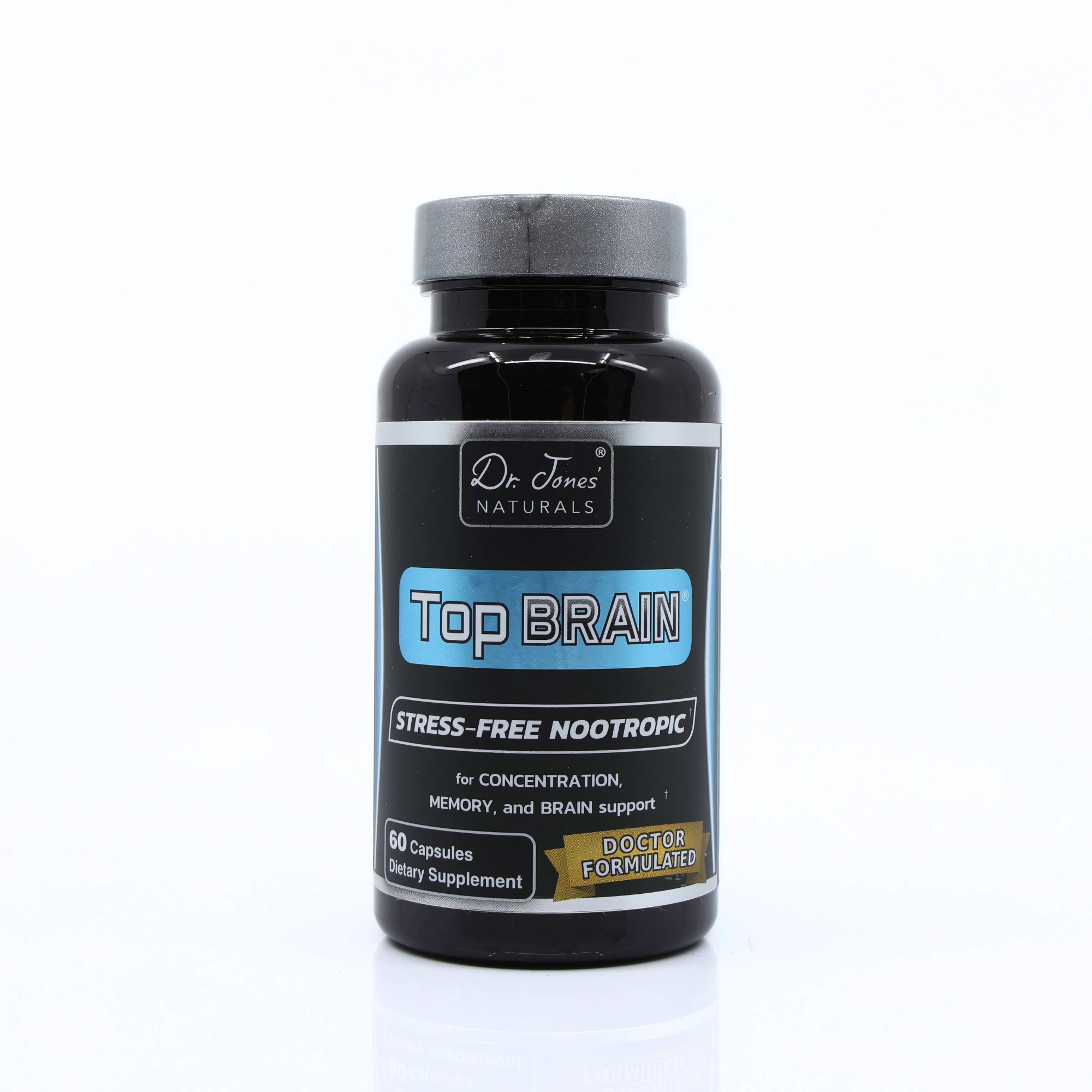 Supplement bottle labeled 'Top Brain' by Dr. Jane's Naturals on a white background
