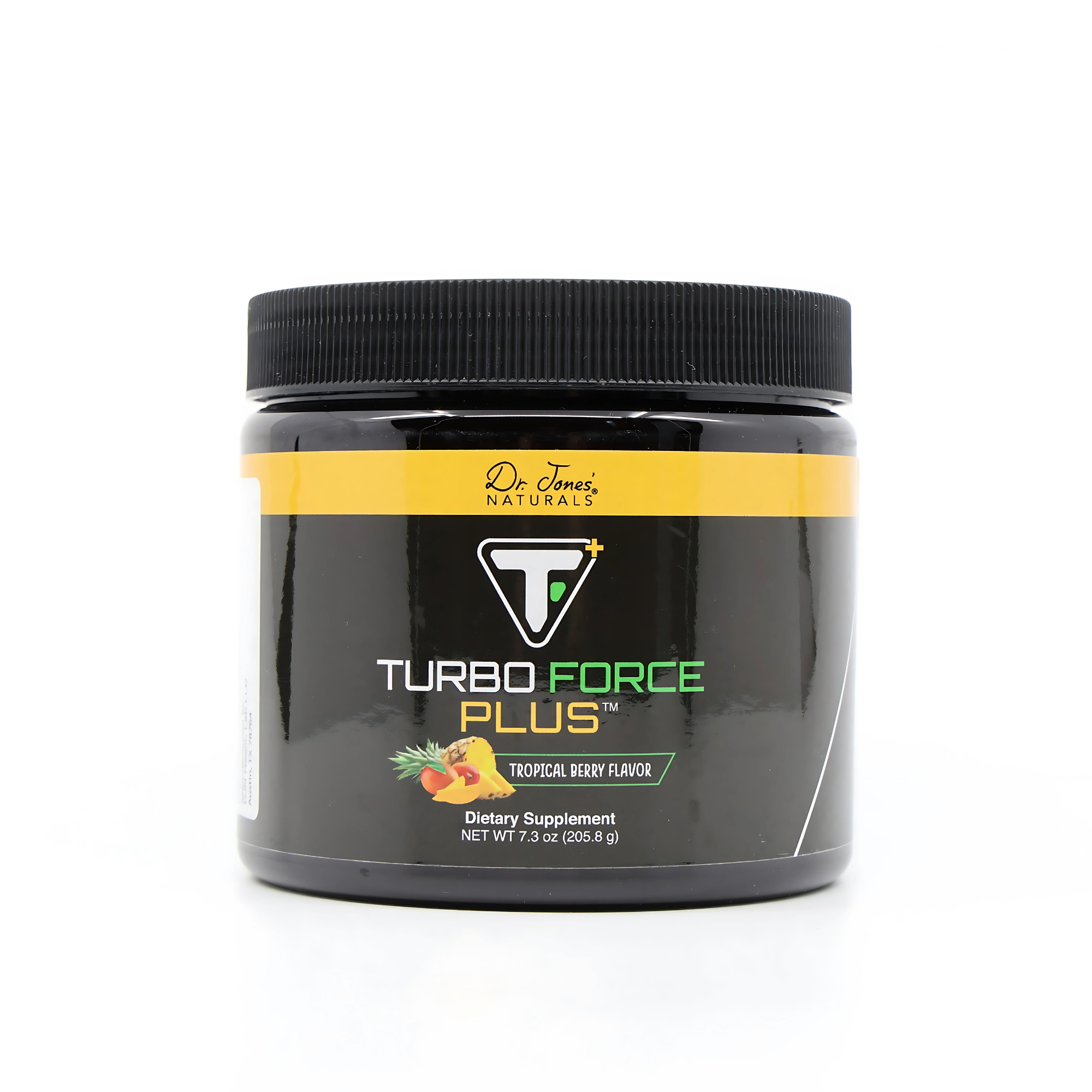 A container of Turbo Force Plus supplement with a label featuring the product name and a yellow and black color scheme.