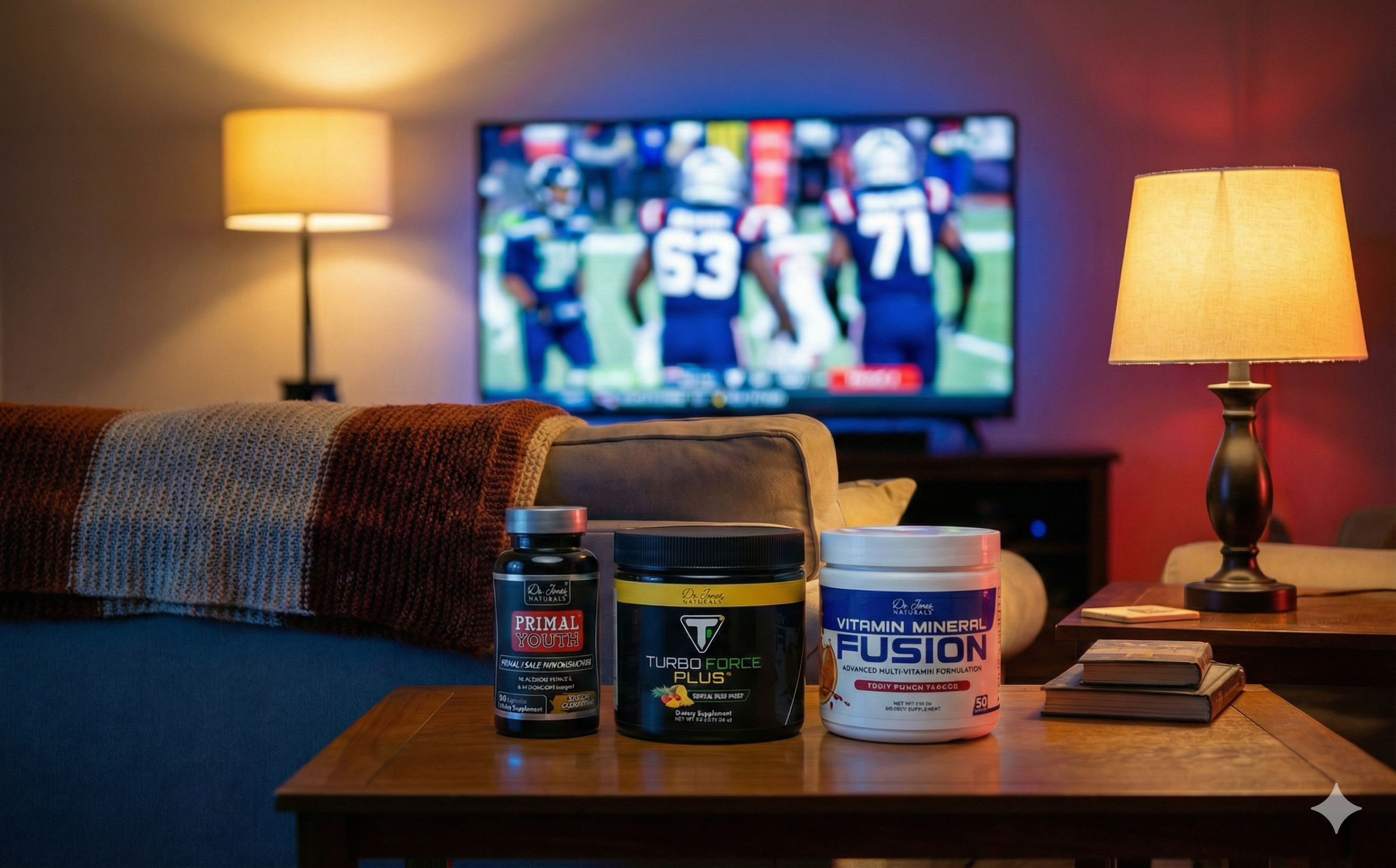Supplement containers on a coffee table with a TV displaying a sports game in the background