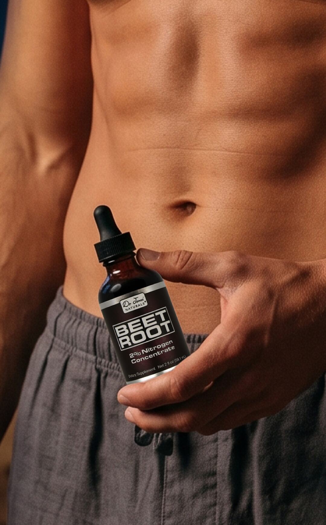 Man holding a bottle of Dr. Jones' Naturals BeetRoot 2% Nitrogen Concentrate